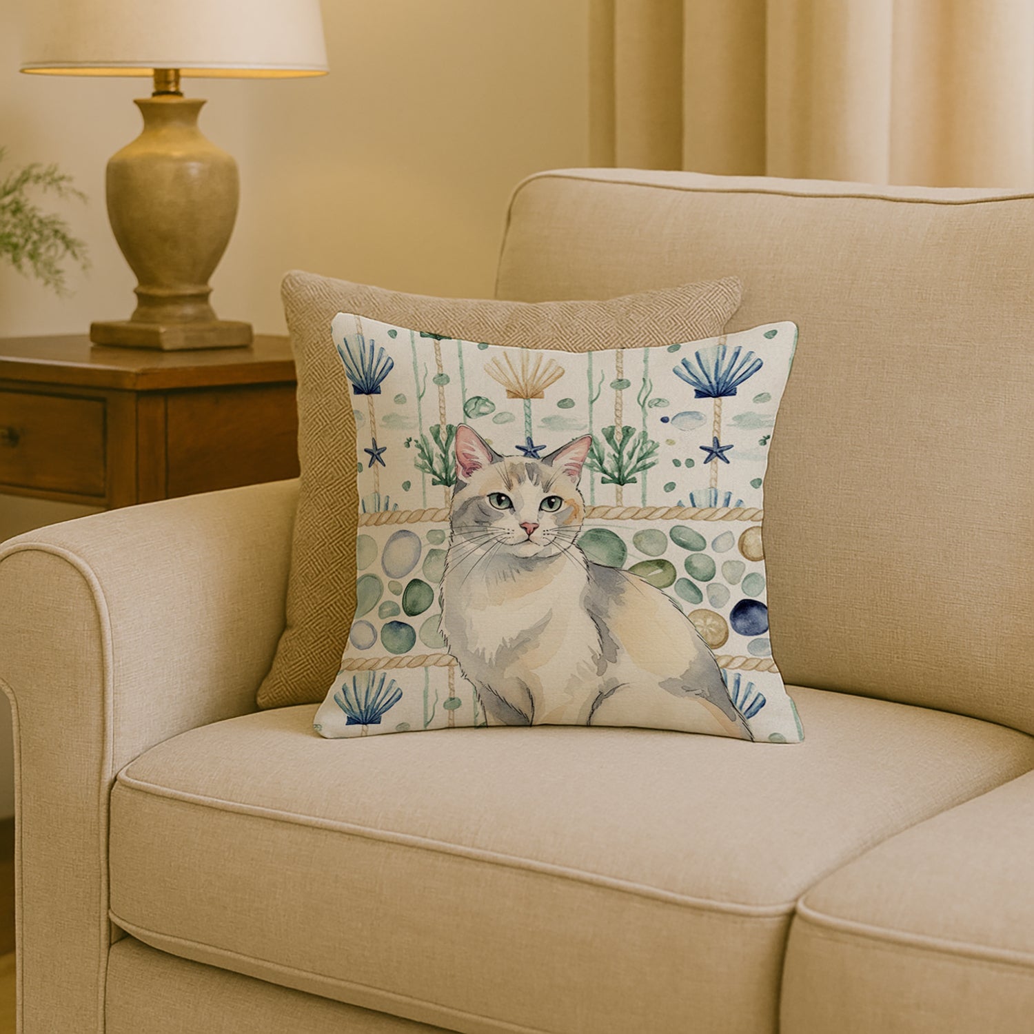 Dilute Calico Cat Coastal Sea Glass Decorative Throw Pillow 18x18 Indoor Outdoor Accent Cushion, Fabric Cover with Insert for Sofa, Bed, Porch & Living Room