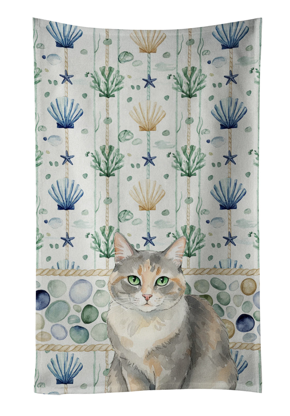 Dilute Tortoiseshell Cat Coastal Sea Glass Kitchen Towel Velour Plush Front and Cotton Loop Back Machine Washable