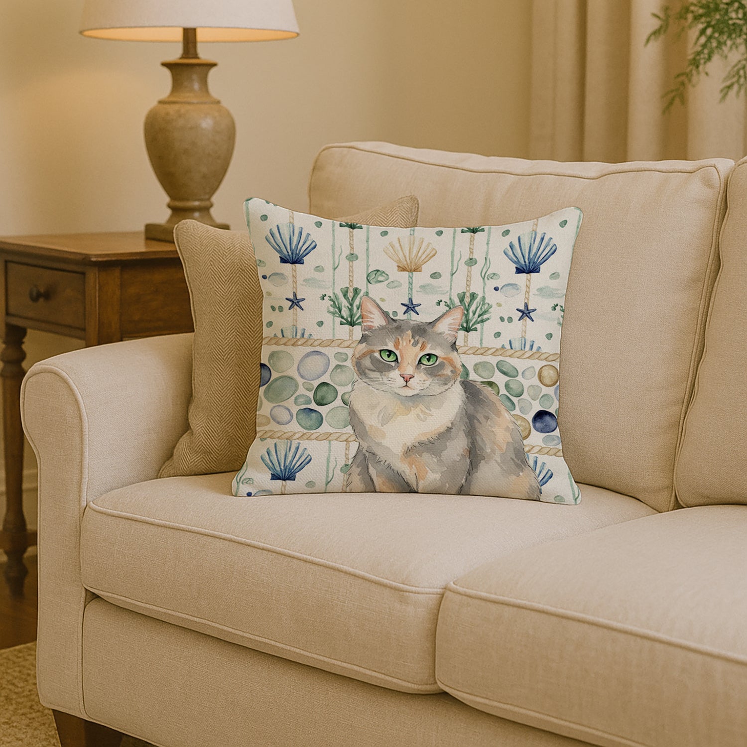 Dilute Tortoiseshell Cat Coastal Sea Glass Decorative Throw Pillow 14x14 Indoor Outdoor Accent Cushion, Fabric Cover with Insert for Sofa, Bed, Porch & Living Room