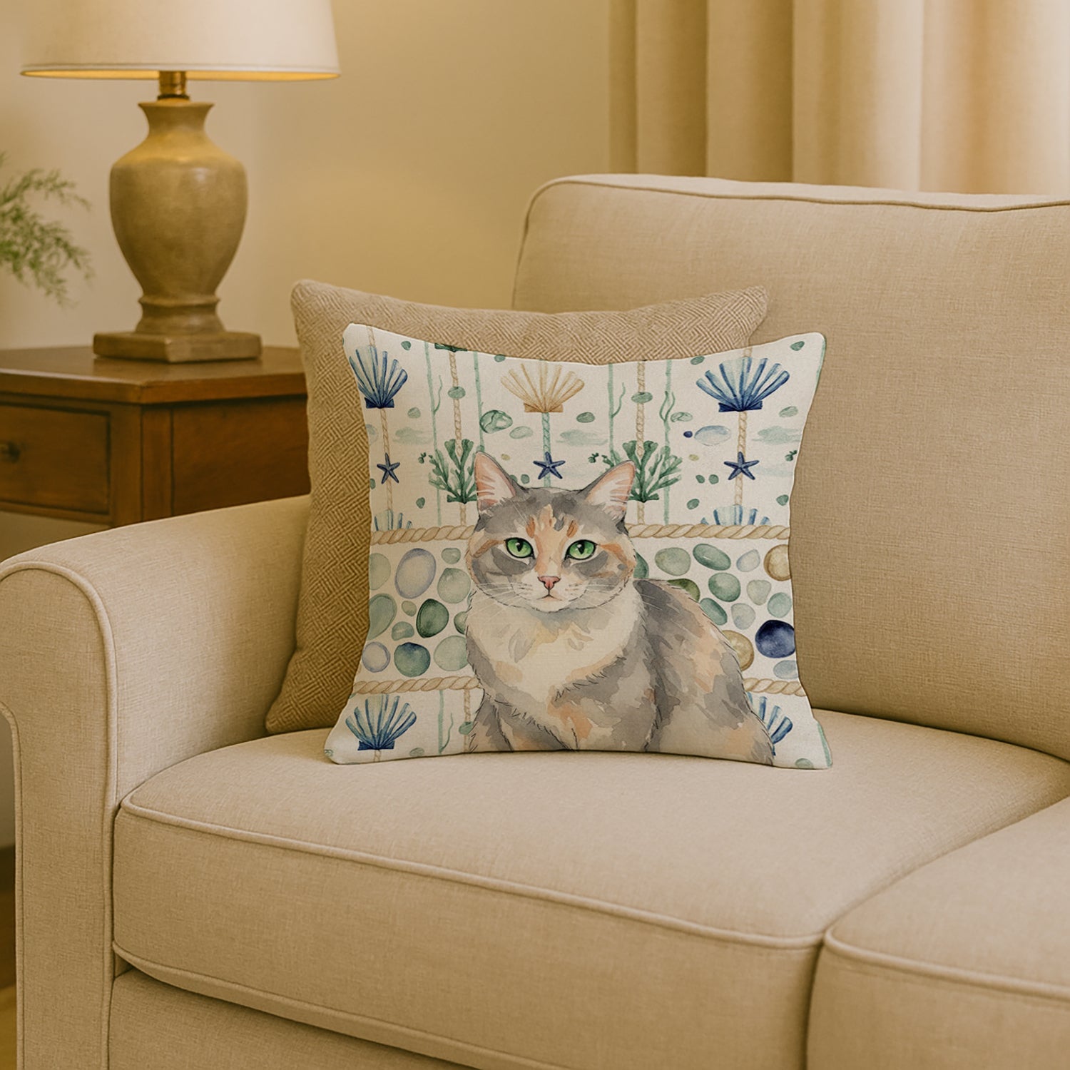 Dilute Tortoiseshell Cat Coastal Sea Glass Decorative Throw Pillow 18x18 Indoor Outdoor Accent Cushion, Fabric Cover with Insert for Sofa, Bed, Porch & Living Room