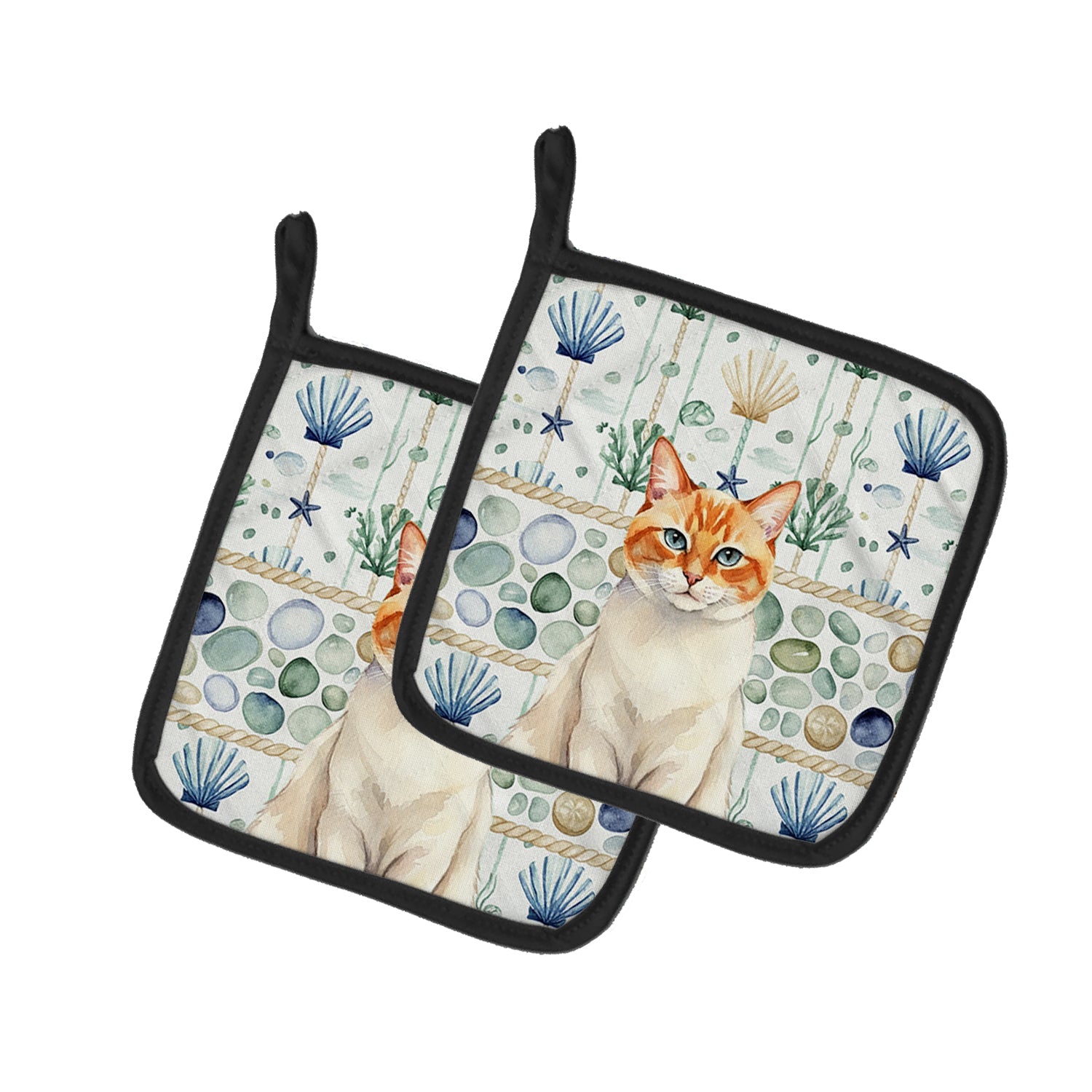 Flame Point Cat Coastal Sea Glass Pot Holder Set of 2 Heat Resistant Quilted Hot Pads 7.5 x 7.5 Inch, Insulated Kitchen Trivets for Cooking & Baking