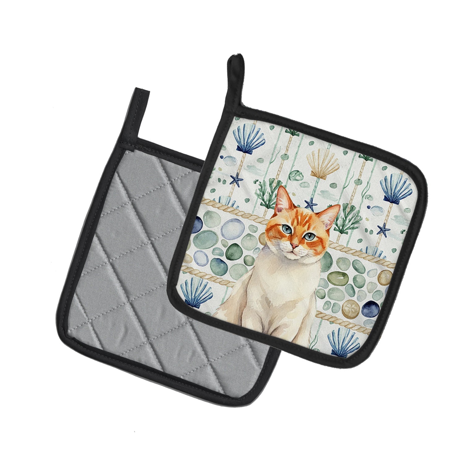 Flame Point Cat Coastal Sea Glass Pot Holder Set of 2 Heat Resistant Quilted Hot Pads 7.5 x 7.5 Inch, Insulated Kitchen Trivets for Cooking & Baking