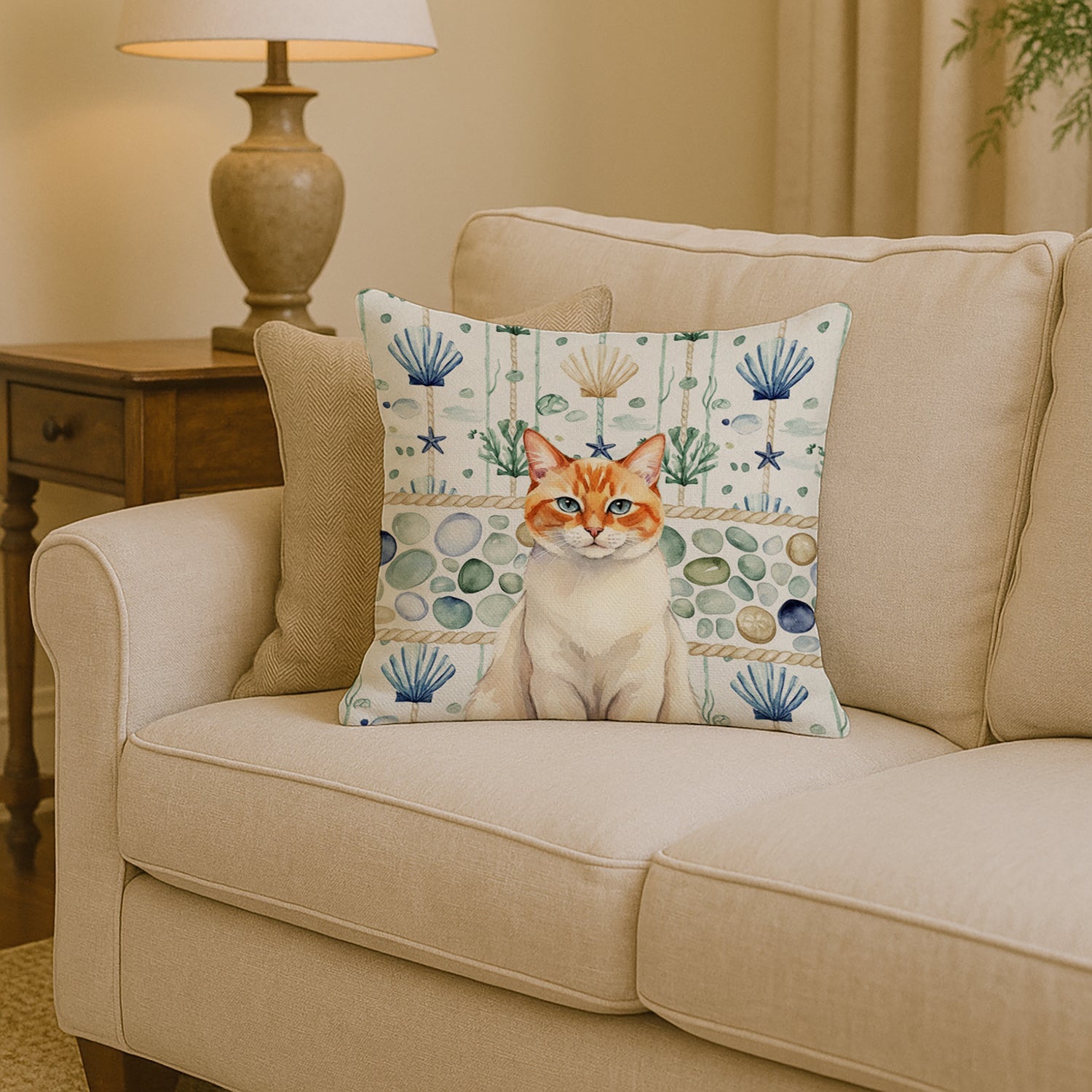 Flame Point Cat Coastal Sea Glass Decorative Throw Pillow 14x14 Indoor Outdoor Accent Cushion, Fabric Cover with Insert for Sofa, Bed, Porch & Living Room