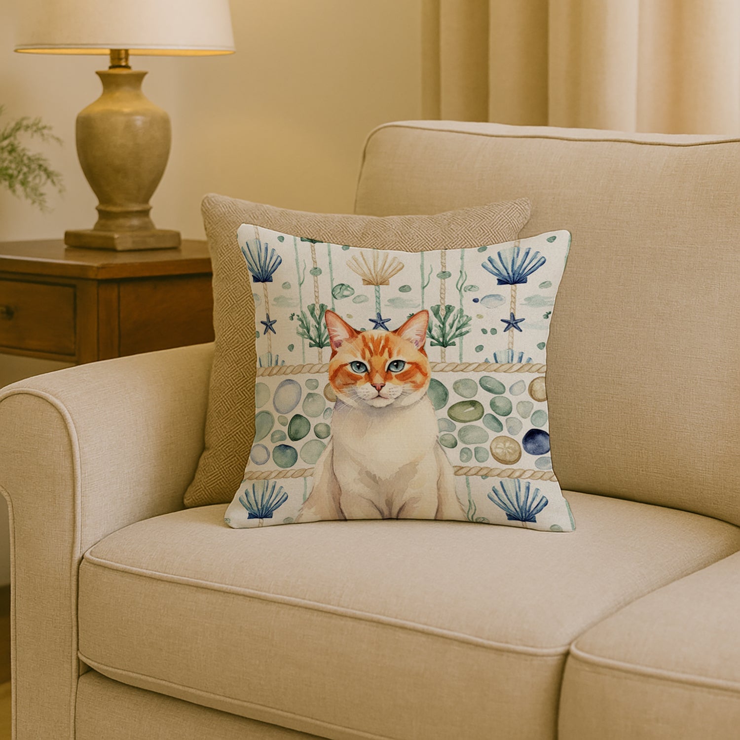 Flame Point Cat Coastal Sea Glass Decorative Throw Pillow 18x18 Indoor Outdoor Accent Cushion, Fabric Cover with Insert for Sofa, Bed, Porch & Living Room