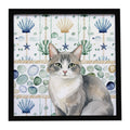 Gray and White Cat Coastal Sea Glass Framed Metal Print Bathroom, Kitchen, Office, Home Decor Wall Art Ready to Hang, Square, 8X8