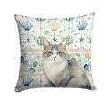 Gray and White Cat Coastal Sea Glass Decorative Throw Pillow 14x14 Indoor Outdoor Accent Cushion, Fabric Cover with Insert for Sofa, Bed, Porch & Living Room
