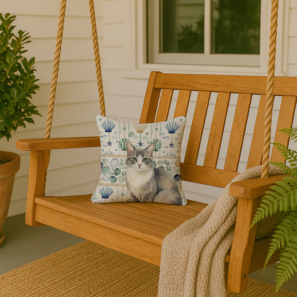 Gray and White Cat Coastal Sea Glass Decorative Throw Pillow 14x14 Indoor Outdoor Accent Cushion, Fabric Cover with Insert for Sofa, Bed, Porch & Living Room