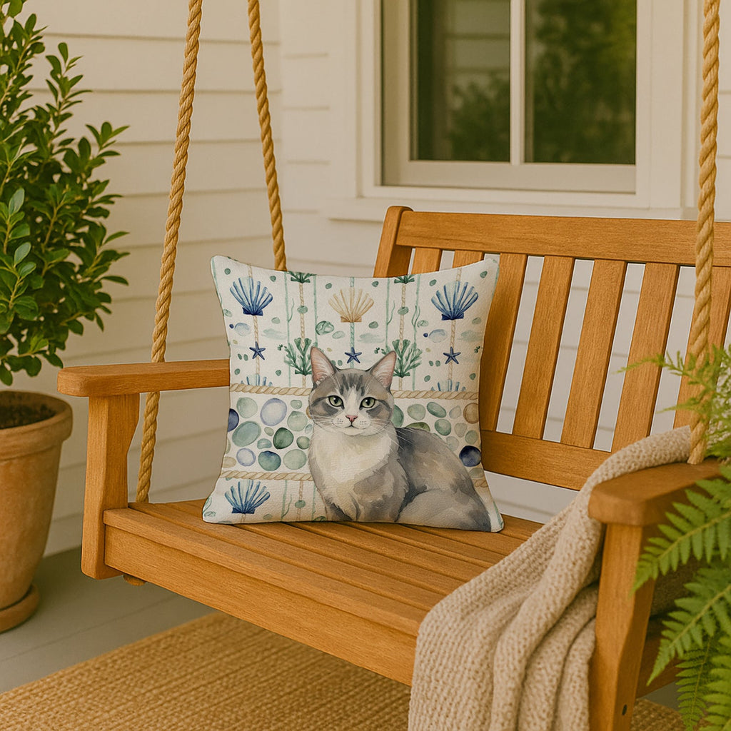 Gray and White Cat Coastal Sea Glass Decorative Throw Pillow 18x18 Indoor Outdoor Accent Cushion, Fabric Cover with Insert for Sofa, Bed, Porch & Living Room