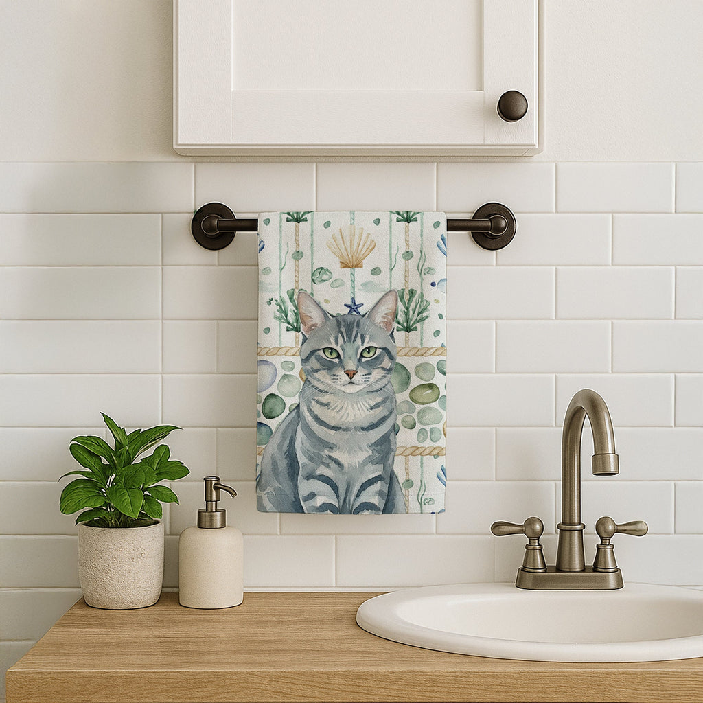 Gray Mackerel Tabby Cat Coastal Sea Glass Kitchen Towel Velour Plush Front and Cotton Loop Back Machine Washable