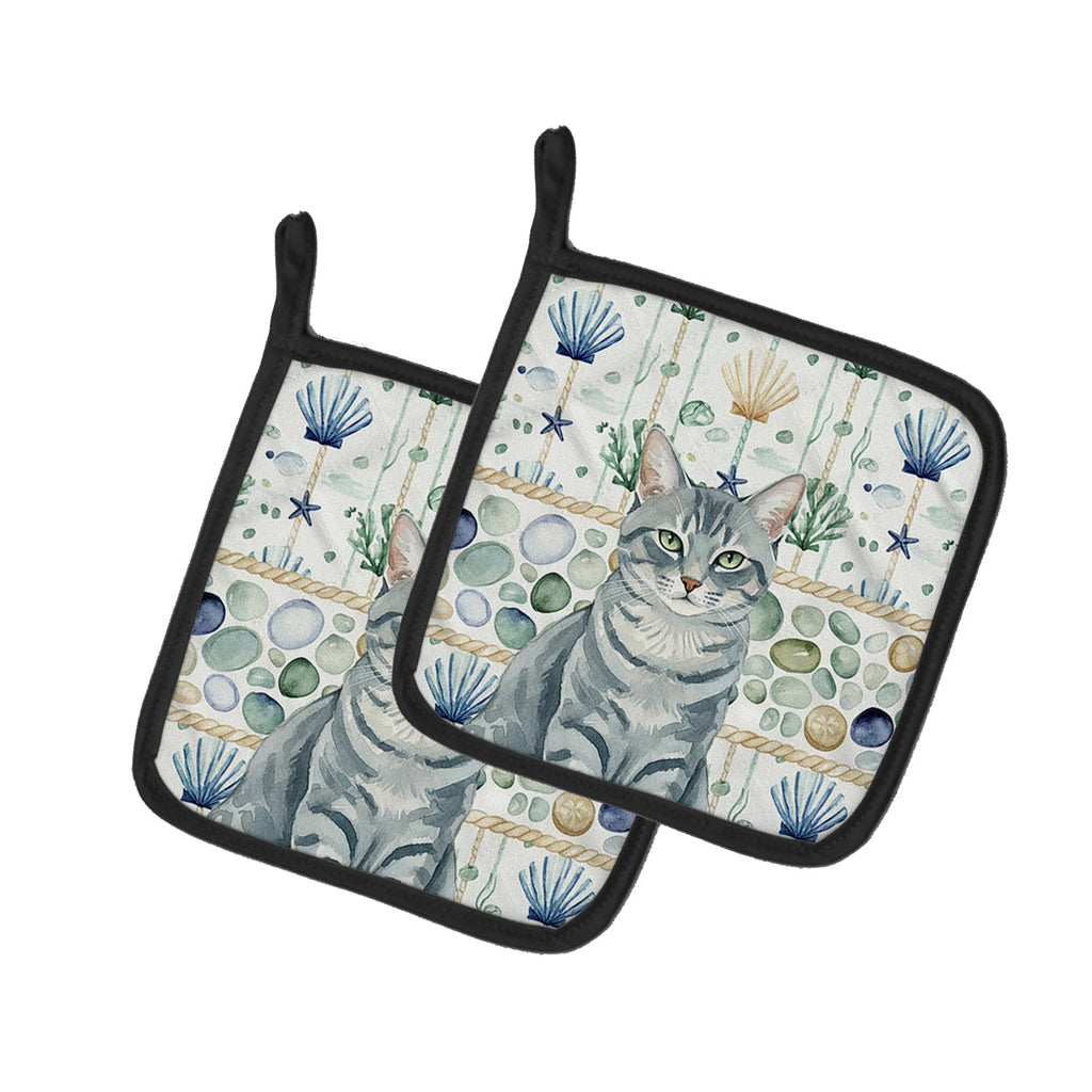 Gray Mackerel Tabby Cat Coastal Sea Glass Pot Holder Set of 2 Heat Resistant Quilted Hot Pads 7.5 x 7.5 Inch, Insulated Kitchen Trivets for Cooking & Baking