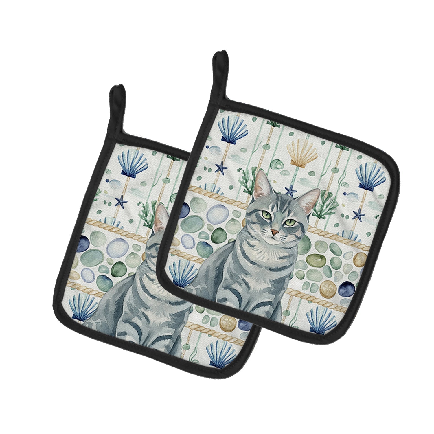 Gray Mackerel Tabby Cat Coastal Sea Glass Pot Holder Set of 2 Heat Resistant Quilted Hot Pads 7.5 x 7.5 Inch, Insulated Kitchen Trivets for Cooking & Baking