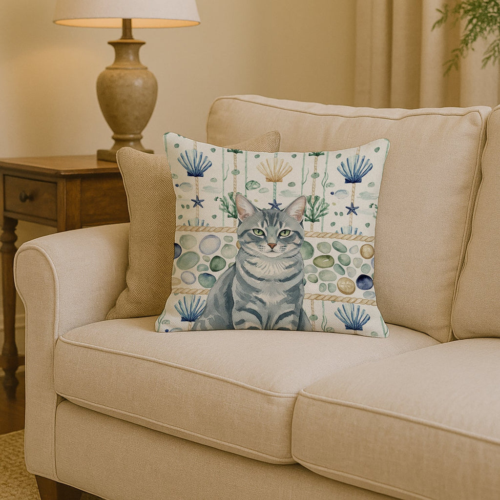 Gray Mackerel Tabby Cat Coastal Sea Glass Decorative Throw Pillow 14x14 Indoor Outdoor Accent Cushion, Fabric Cover with Insert for Sofa, Bed, Porch & Living Room