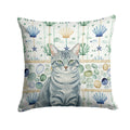 Gray Mackerel Tabby Cat Coastal Sea Glass Decorative Throw Pillow 18x18 Indoor Outdoor Accent Cushion, Fabric Cover with Insert for Sofa, Bed, Porch & Living Room