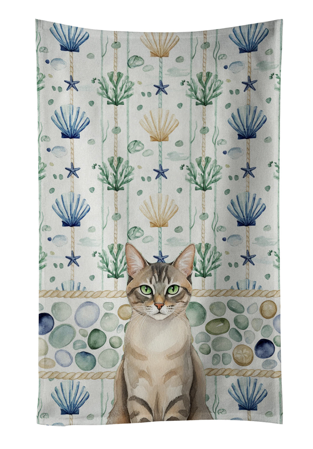Lynx Point Tabby Cat Coastal Sea Glass Kitchen Towel Velour Plush Front and Cotton Loop Back Machine Washable