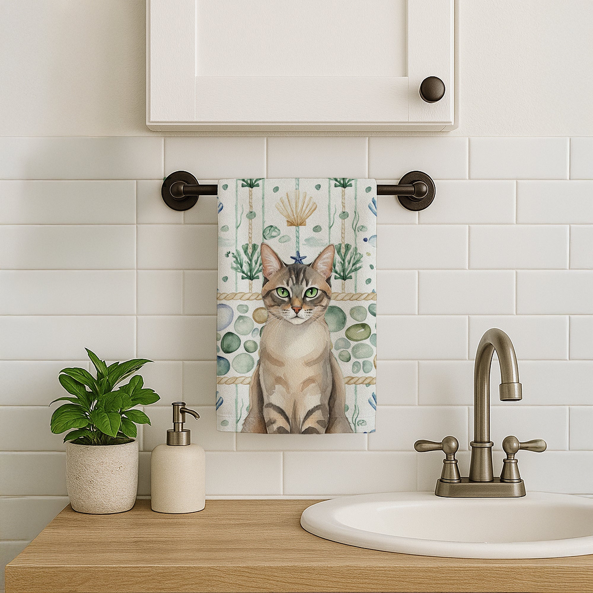 Lynx Point Tabby Cat Coastal Sea Glass Kitchen Towel Velour Plush Front and Cotton Loop Back Machine Washable