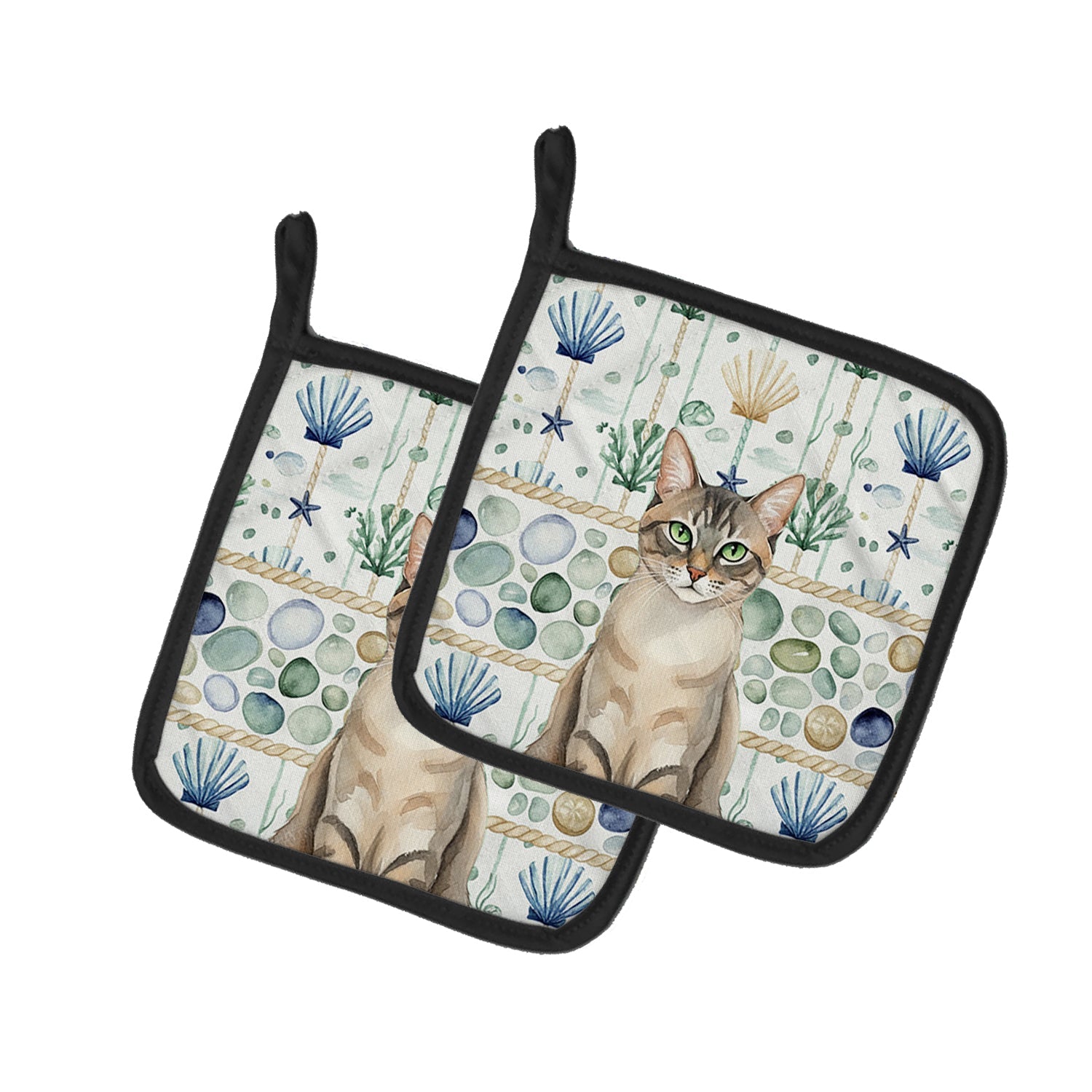 Lynx Point Tabby Cat Coastal Sea Glass Pot Holder Set of 2 Heat Resistant Quilted Hot Pads 7.5 x 7.5 Inch, Insulated Kitchen Trivets for Cooking & Baking