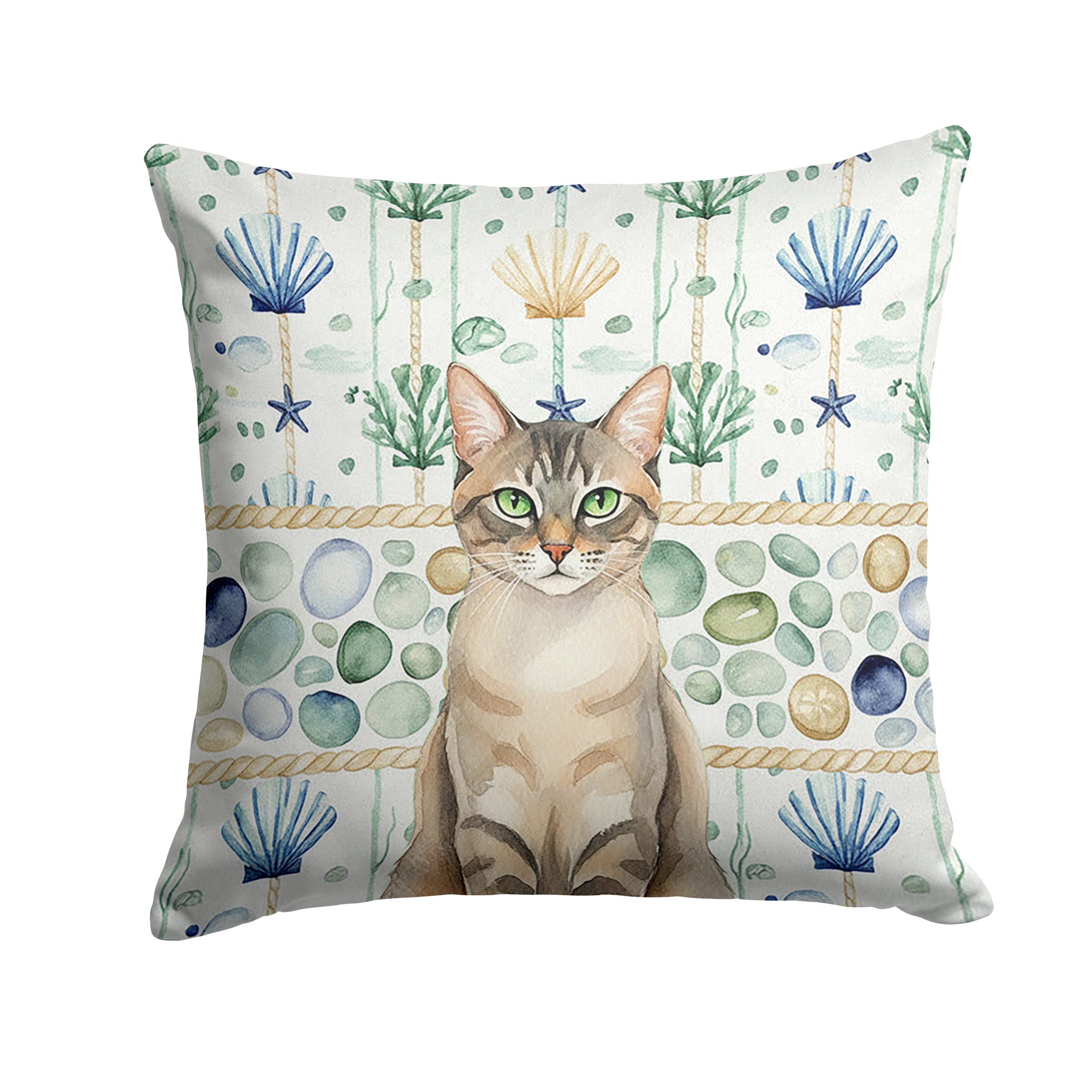 Lynx Point Tabby Cat Coastal Sea Glass Decorative Throw Pillow 18x18 Indoor Outdoor Accent Cushion, Fabric Cover with Insert for Sofa, Bed, Porch & Living Room