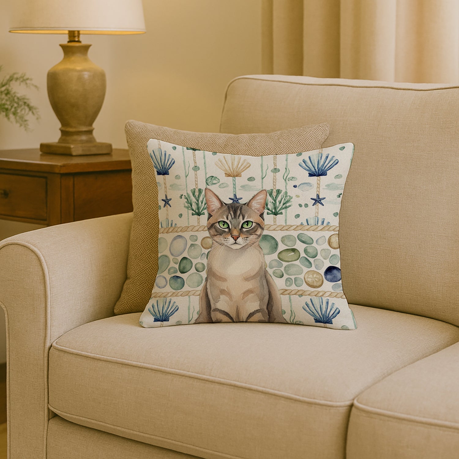 Lynx Point Tabby Cat Coastal Sea Glass Decorative Throw Pillow 18x18 Indoor Outdoor Accent Cushion, Fabric Cover with Insert for Sofa, Bed, Porch & Living Room