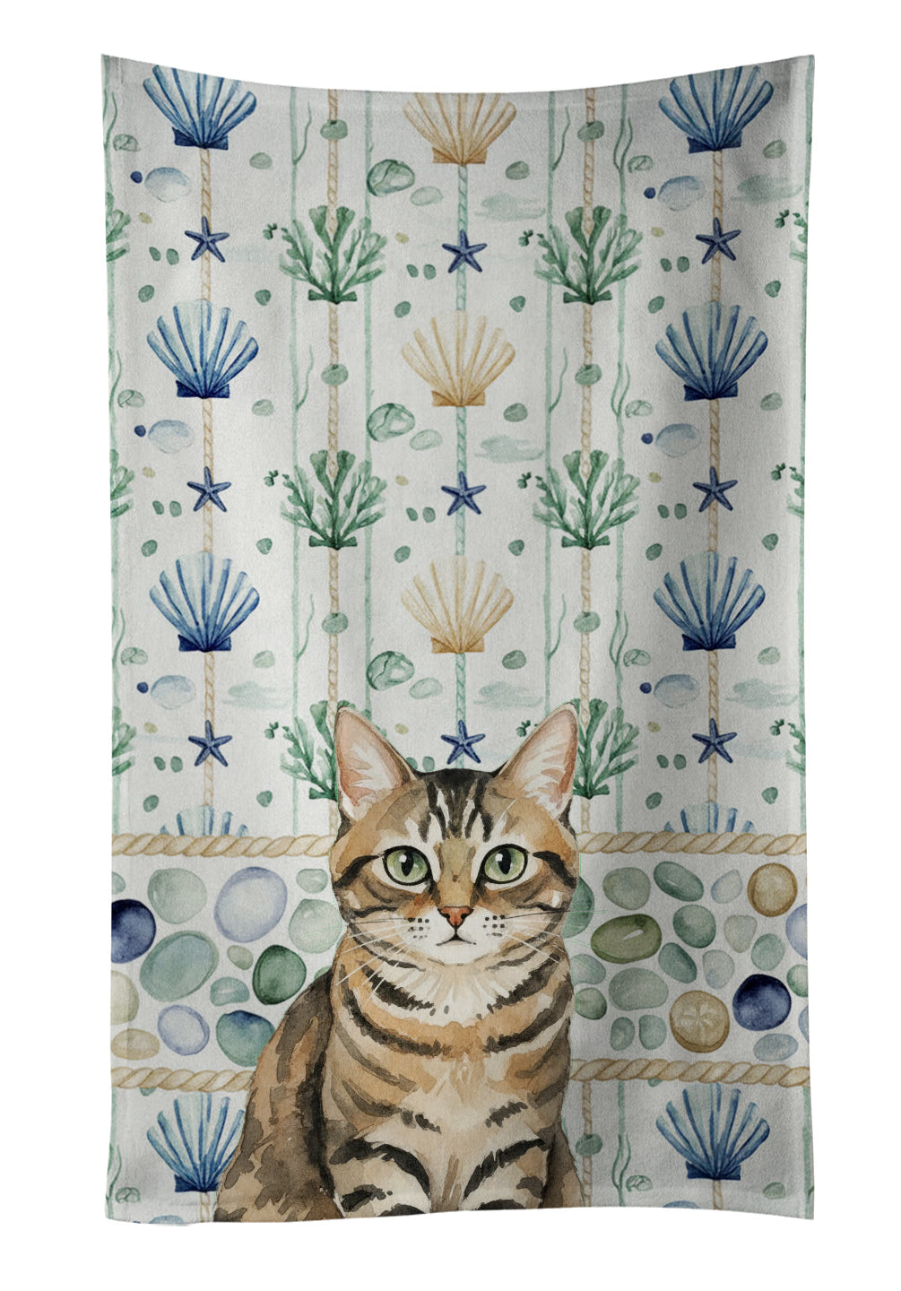 Mackerel Tabby Brown Cat Coastal Sea Glass Kitchen Towel Velour Plush Front and Cotton Loop Back Machine Washable