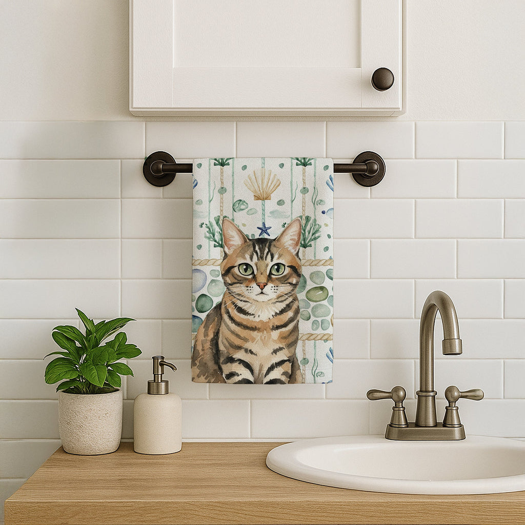 Mackerel Tabby Brown Cat Coastal Sea Glass Kitchen Towel Velour Plush Front and Cotton Loop Back Machine Washable