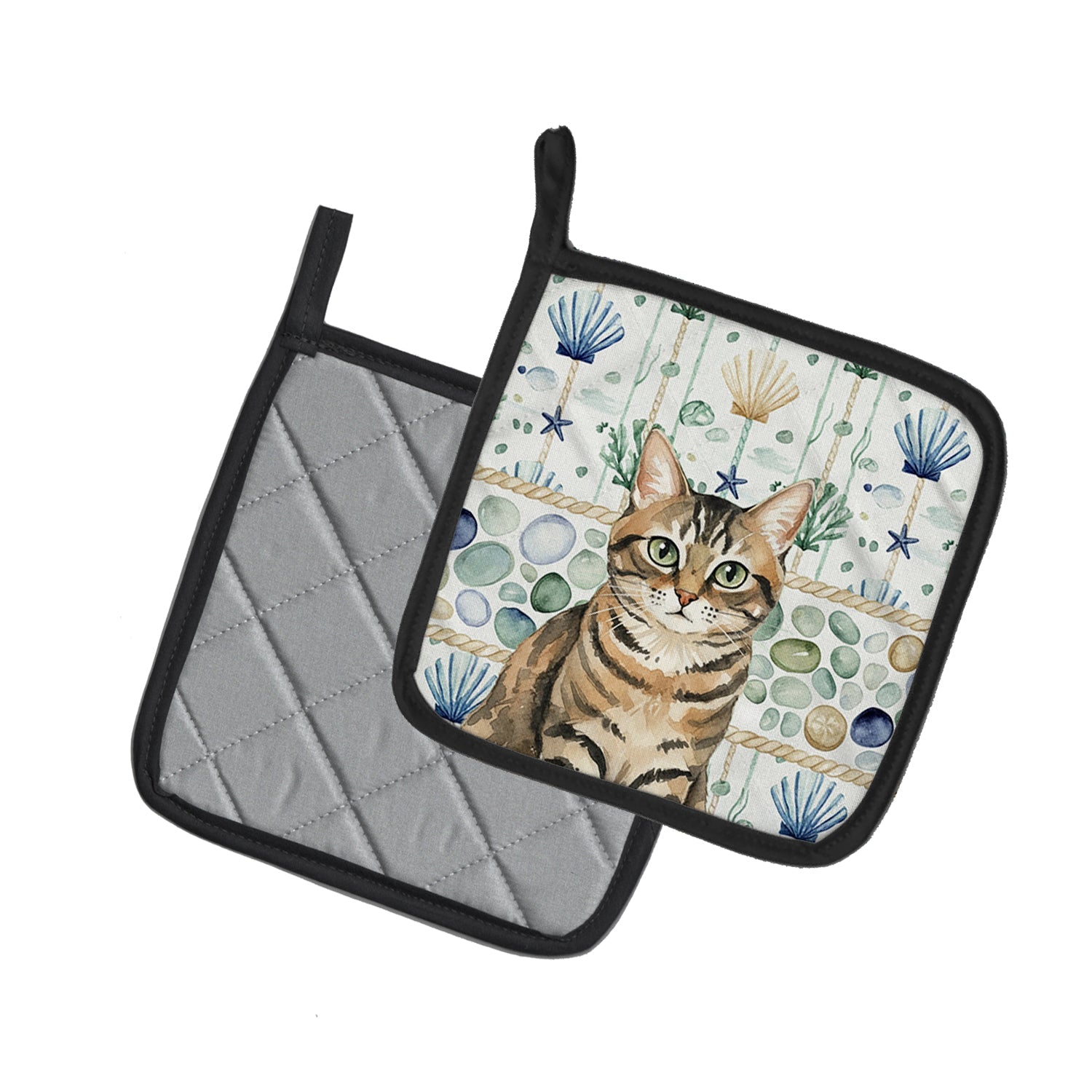 Mackerel Tabby Brown Cat Coastal Sea Glass Pot Holder Set of 2 Heat Resistant Quilted Hot Pads 7.5 x 7.5 Inch, Insulated Kitchen Trivets for Cooking & Baking