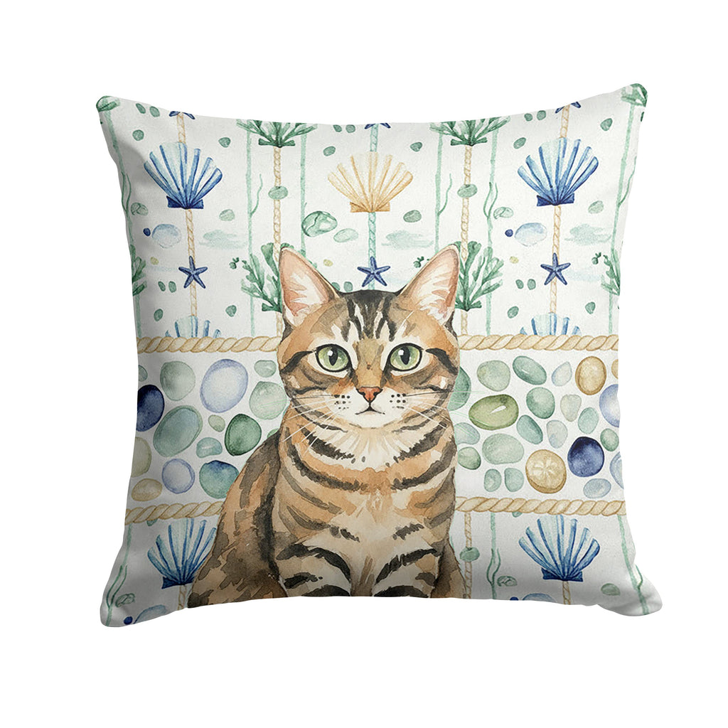 Mackerel Tabby Brown Cat Coastal Sea Glass Decorative Throw Pillow 14x14 Indoor Outdoor Accent Cushion, Fabric Cover with Insert for Sofa, Bed, Porch & Living Room