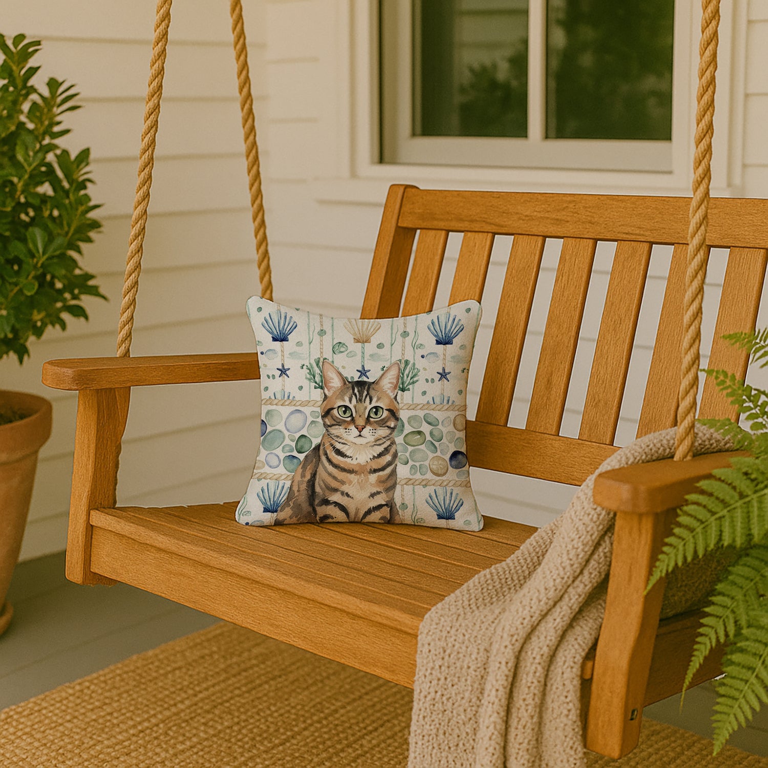 Mackerel Tabby Brown Cat Coastal Sea Glass Decorative Throw Pillow 14x14 Indoor Outdoor Accent Cushion, Fabric Cover with Insert for Sofa, Bed, Porch & Living Room