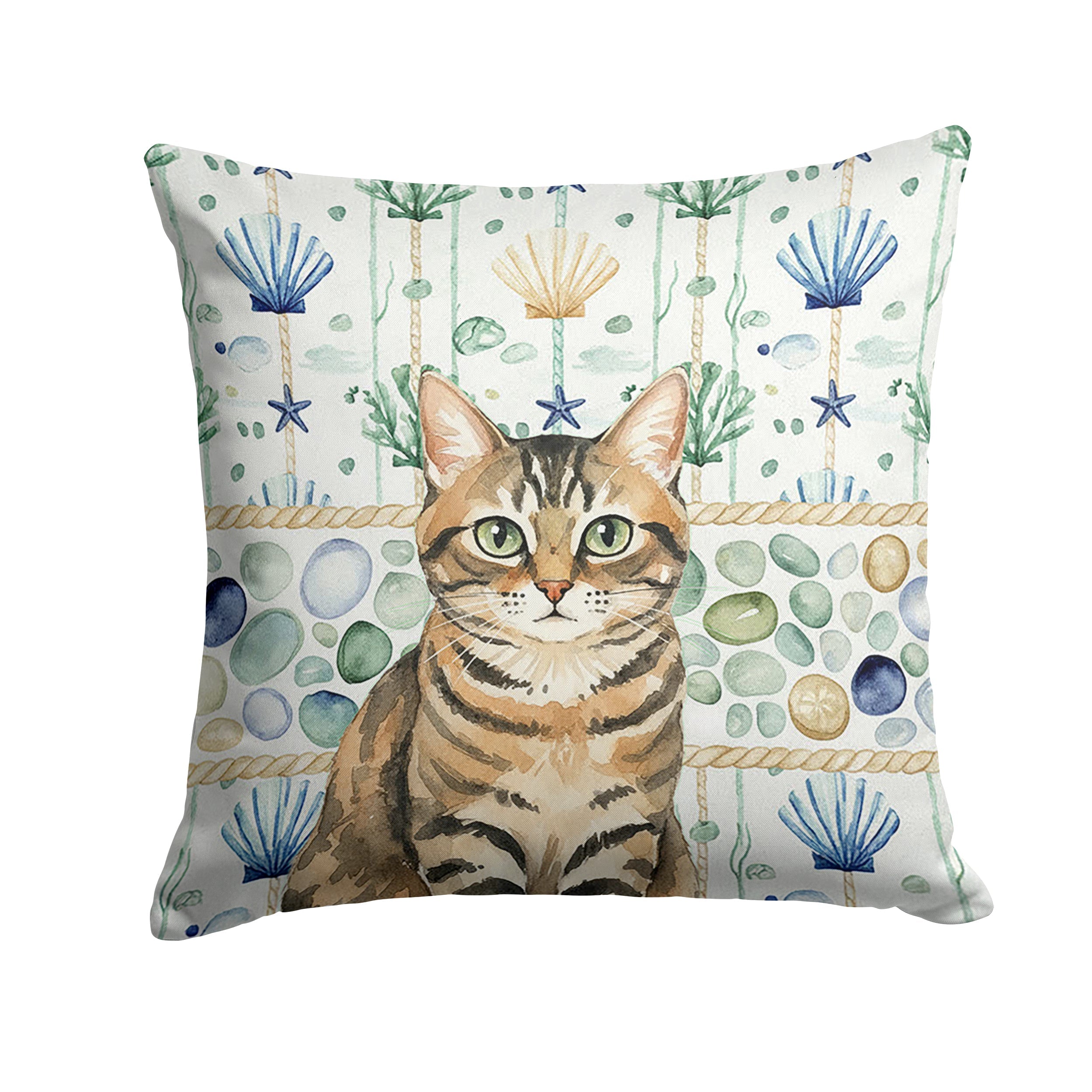 Mackerel Tabby Brown Cat Coastal Sea Glass Decorative Throw Pillow 18x18 Indoor Outdoor Accent Cushion, Fabric Cover with Insert for Sofa, Bed, Porch & Living Room