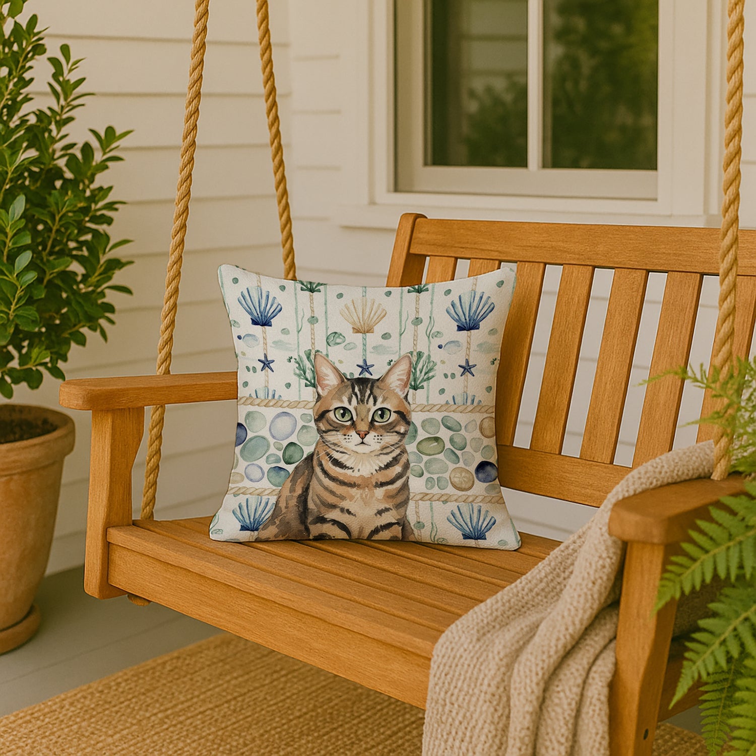 Mackerel Tabby Brown Cat Coastal Sea Glass Decorative Throw Pillow 18x18 Indoor Outdoor Accent Cushion, Fabric Cover with Insert for Sofa, Bed, Porch & Living Room