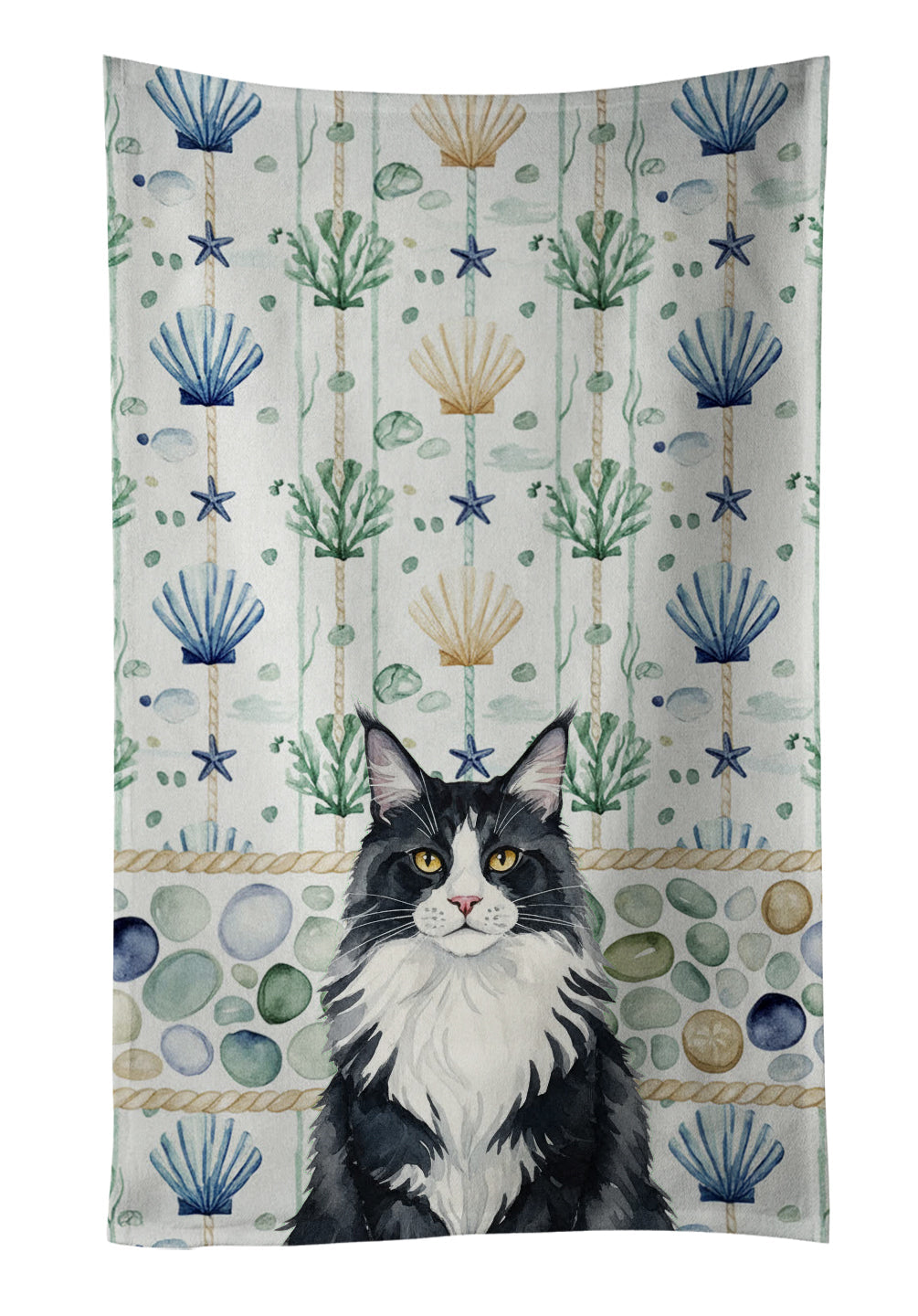 MaineCoon Black and White Cat Coastal Sea Glass Kitchen Towel Velour Plush Front and Cotton Loop Back Machine Washable