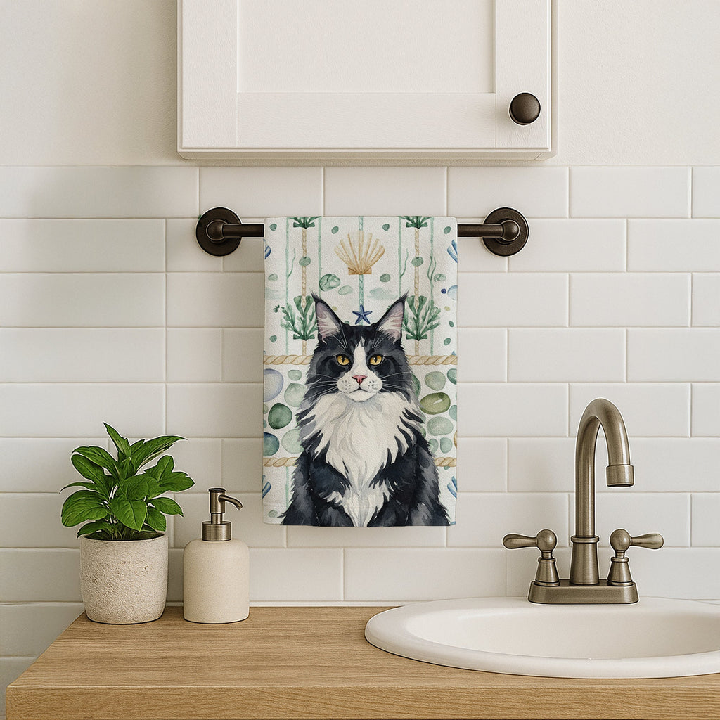 MaineCoon Black and White Cat Coastal Sea Glass Kitchen Towel Velour Plush Front and Cotton Loop Back Machine Washable