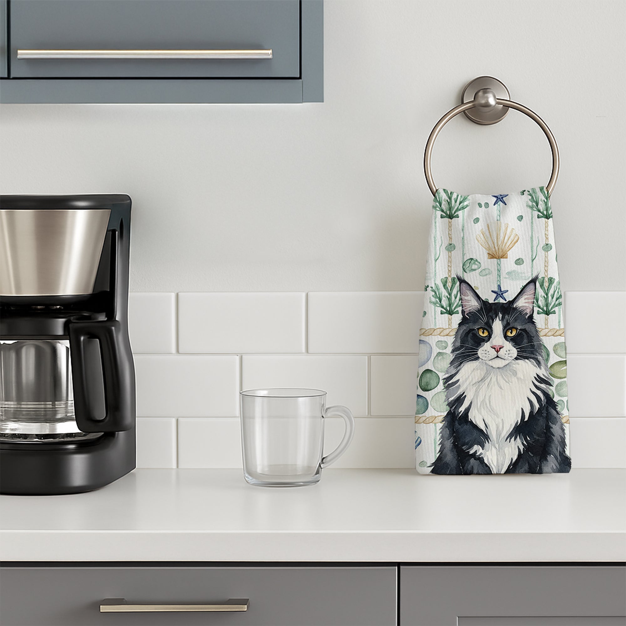 MaineCoon Black and White Cat Coastal Sea Glass Kitchen Towel Velour Plush Front and Cotton Loop Back Machine Washable