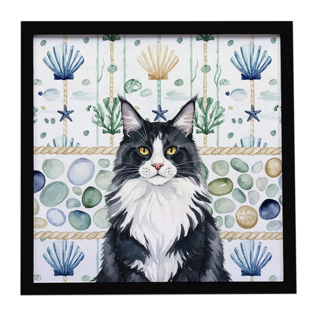 MaineCoon Black and White Cat Coastal Sea Glass Framed Metal Print Bathroom, Kitchen, Office, Home Decor Wall Art Ready to Hang, Square, 8X8