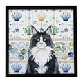 MaineCoon Black and White Cat Coastal Sea Glass Framed Metal Print Bathroom, Kitchen, Office, Home Decor Wall Art Ready to Hang, Square, 8X8