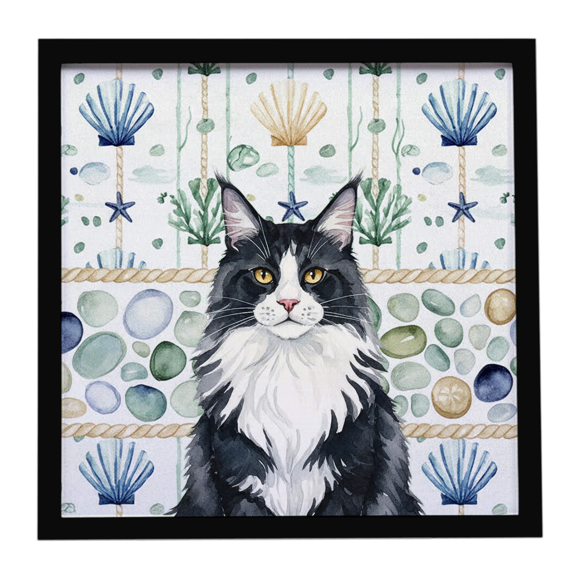 MaineCoon Black and White Cat Coastal Sea Glass Framed Metal Print Bathroom, Kitchen, Office, Home Decor Wall Art Ready to Hang, Square, 8X8