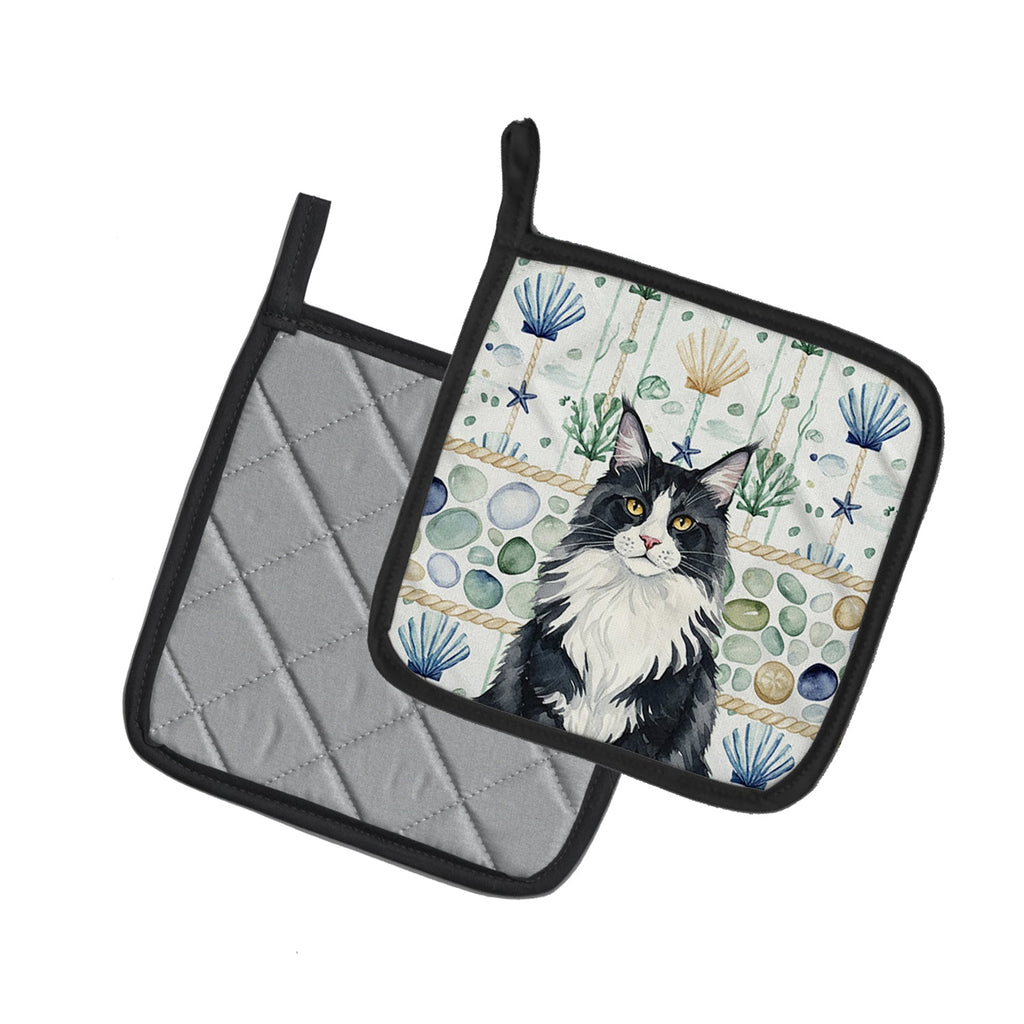 MaineCoon Black and White Cat Coastal Sea Glass Pot Holder Set of 2 Heat Resistant Quilted Hot Pads 7.5 x 7.5 Inch, Insulated Kitchen Trivets for Cooking & Baking