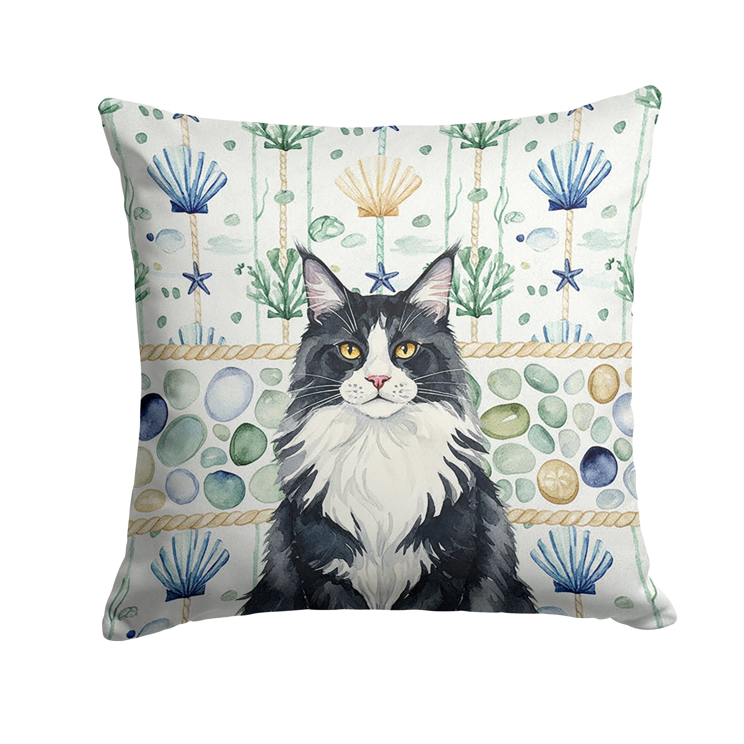 MaineCoon Black and White Cat Coastal Sea Glass Decorative Throw Pillow 14x14 Indoor Outdoor Accent Cushion, Fabric Cover with Insert for Sofa, Bed, Porch & Living Room