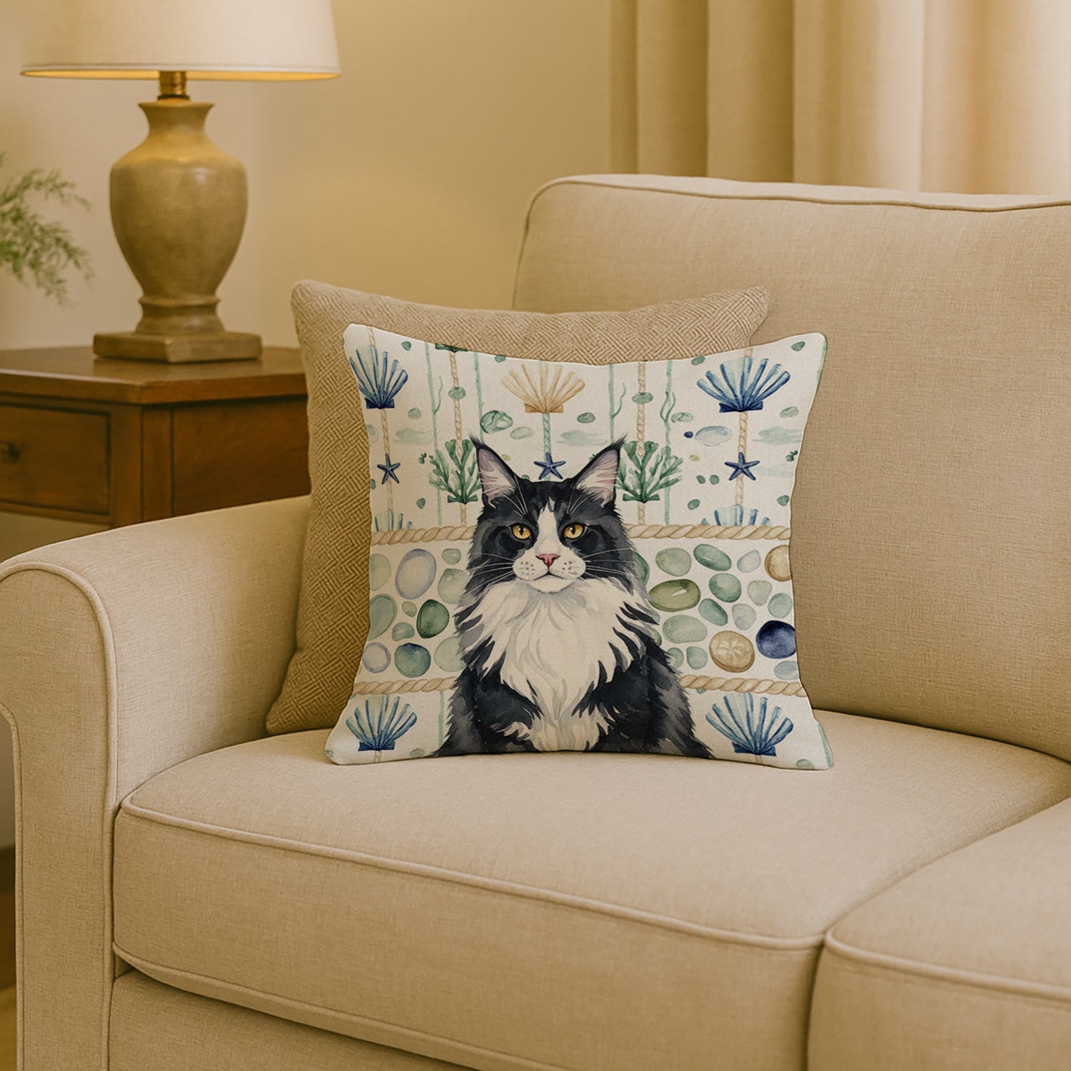MaineCoon Black and White Cat Coastal Sea Glass Decorative Throw Pillow 18x18 Indoor Outdoor Accent Cushion, Fabric Cover with Insert for Sofa, Bed, Porch & Living Room