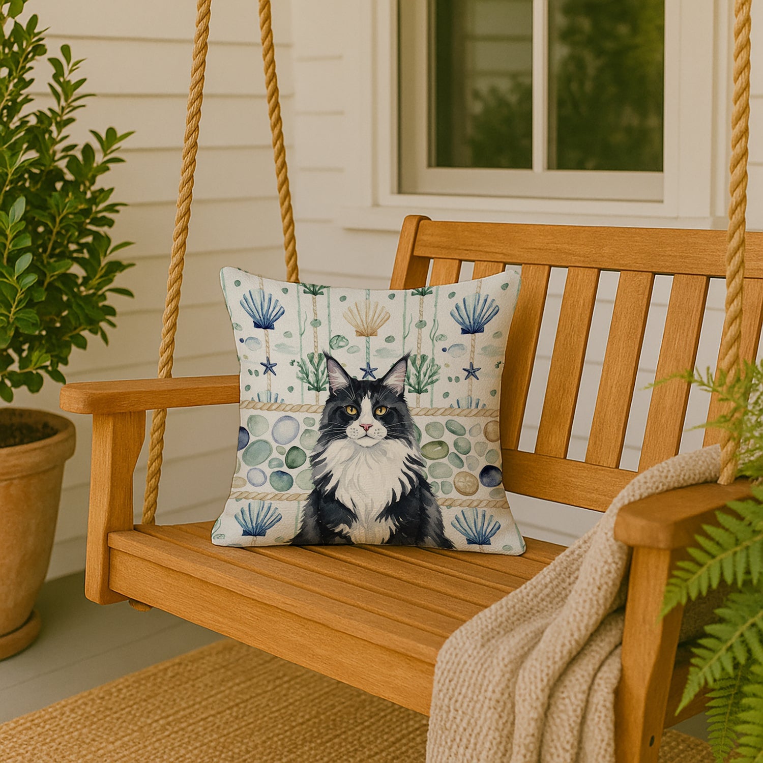 MaineCoon Black and White Cat Coastal Sea Glass Decorative Throw Pillow 18x18 Indoor Outdoor Accent Cushion, Fabric Cover with Insert for Sofa, Bed, Porch & Living Room