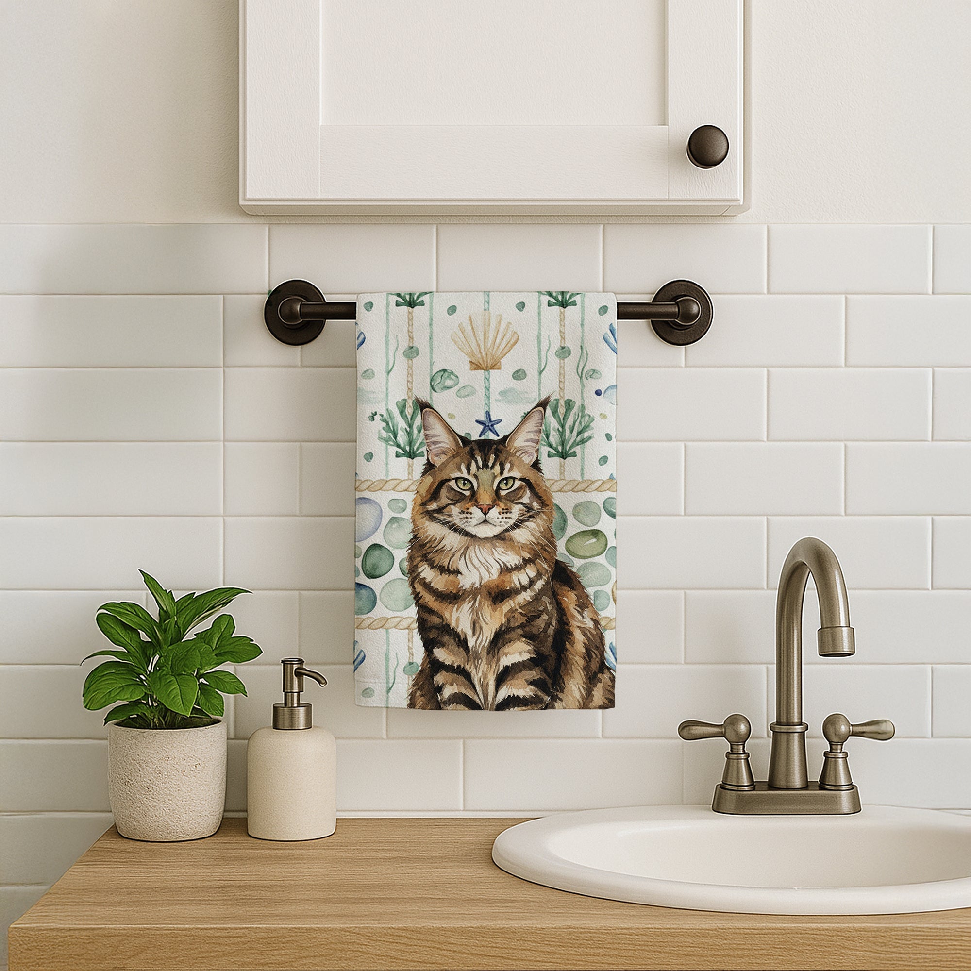 MaineCoon Brown Tabby Cat Coastal Sea Glass Kitchen Towel Velour Plush Front and Cotton Loop Back Machine Washable