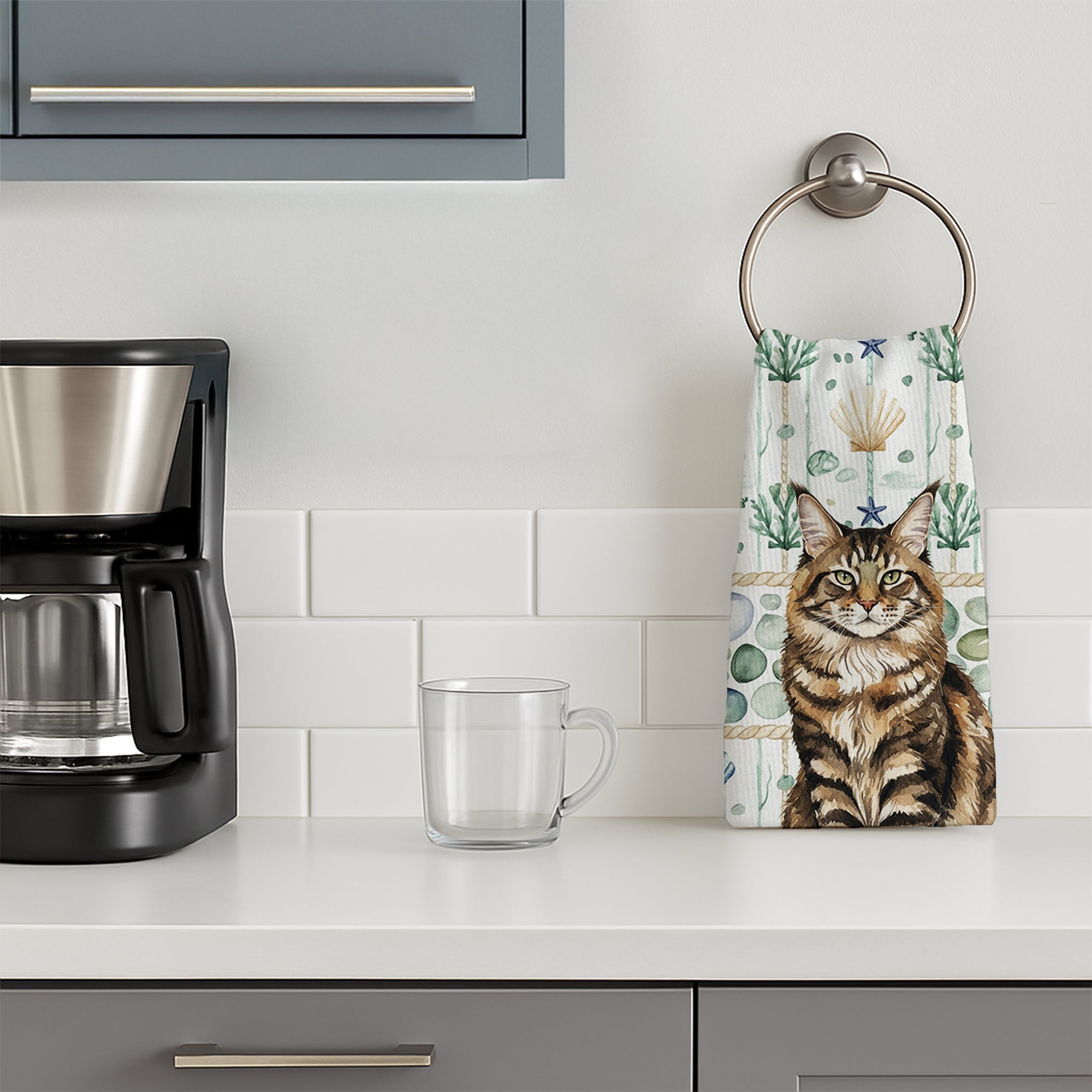 MaineCoon Brown Tabby Cat Coastal Sea Glass Kitchen Towel Velour Plush Front and Cotton Loop Back Machine Washable