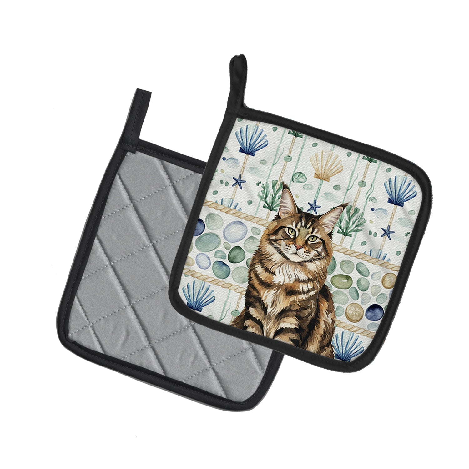 MaineCoon Brown Tabby Cat Coastal Sea Glass Pot Holder Set of 2 Heat Resistant Quilted Hot Pads 7.5 x 7.5 Inch, Insulated Kitchen Trivets for Cooking & Baking