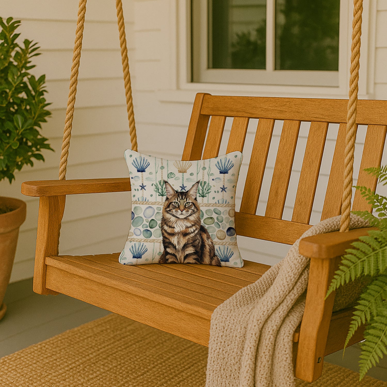 MaineCoon Brown Tabby Cat Coastal Sea Glass Decorative Throw Pillow 14x14 Indoor Outdoor Accent Cushion, Fabric Cover with Insert for Sofa, Bed, Porch & Living Room