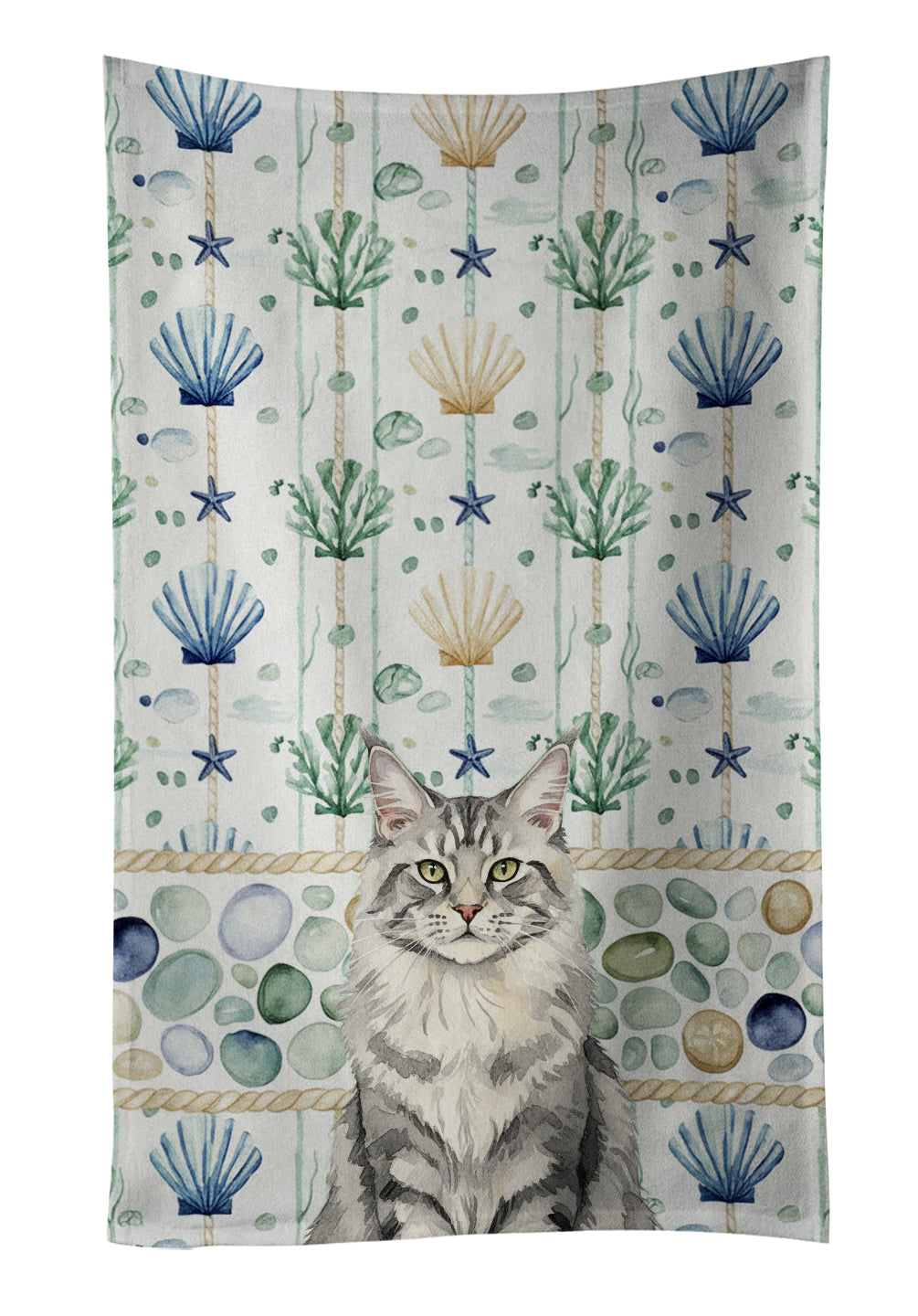 MaineCoon Silver Tabby Cat Coastal Sea Glass Kitchen Towel Velour Plush Front and Cotton Loop Back Machine Washable