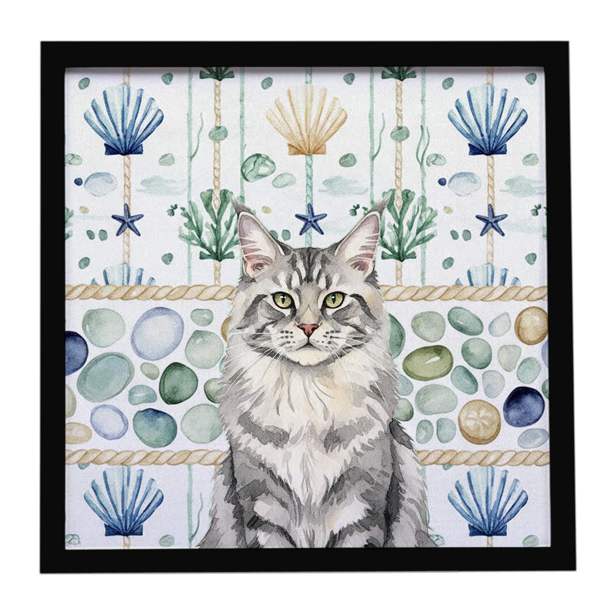 MaineCoon Silver Tabby Cat Coastal Sea Glass Framed Metal Print Bathroom, Kitchen, Office, Home Decor Wall Art Ready to Hang, Square, 8X8
