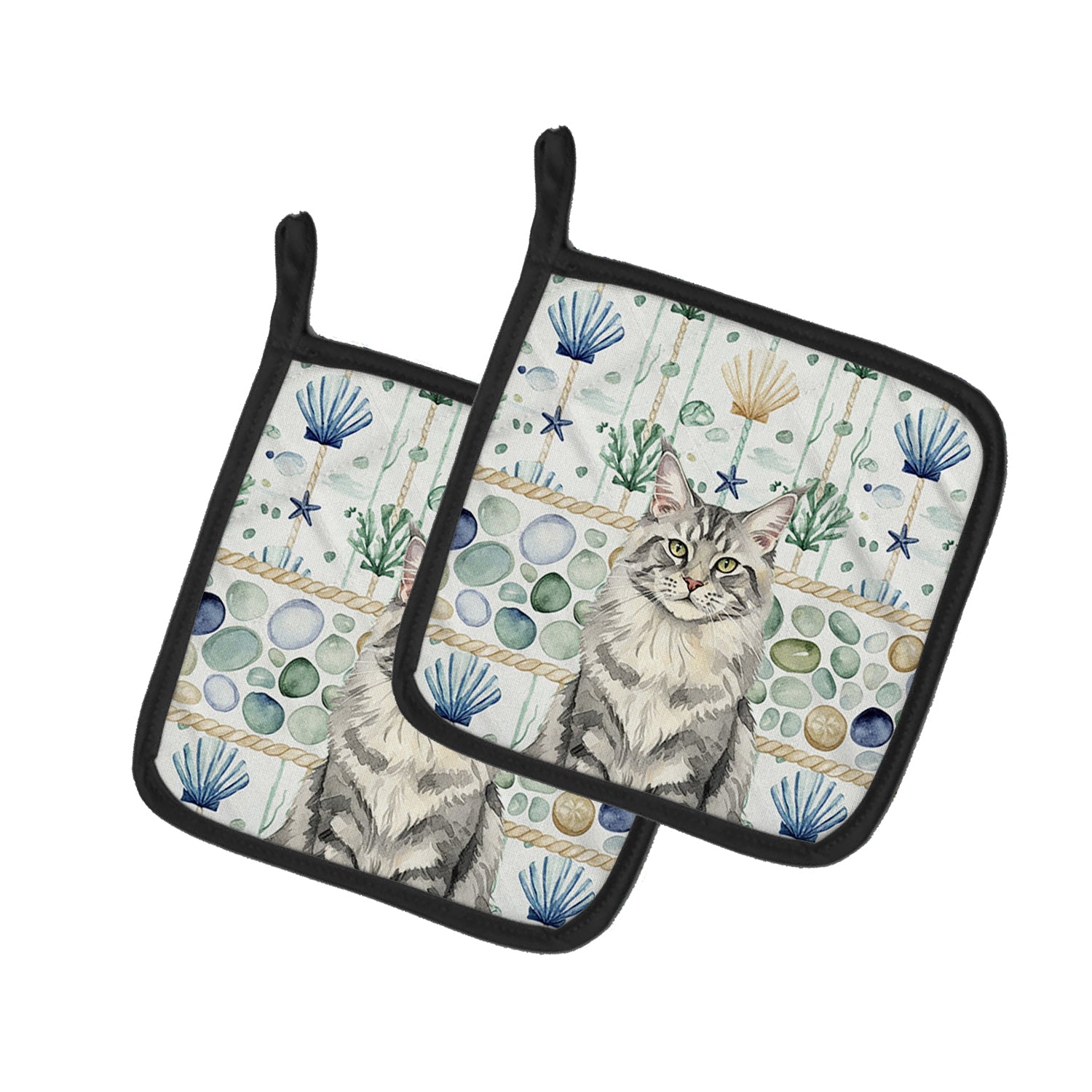 MaineCoon Silver Tabby Cat Coastal Sea Glass Pot Holder Set of 2 Heat Resistant Quilted Hot Pads 7.5 x 7.5 Inch, Insulated Kitchen Trivets for Cooking & Baking