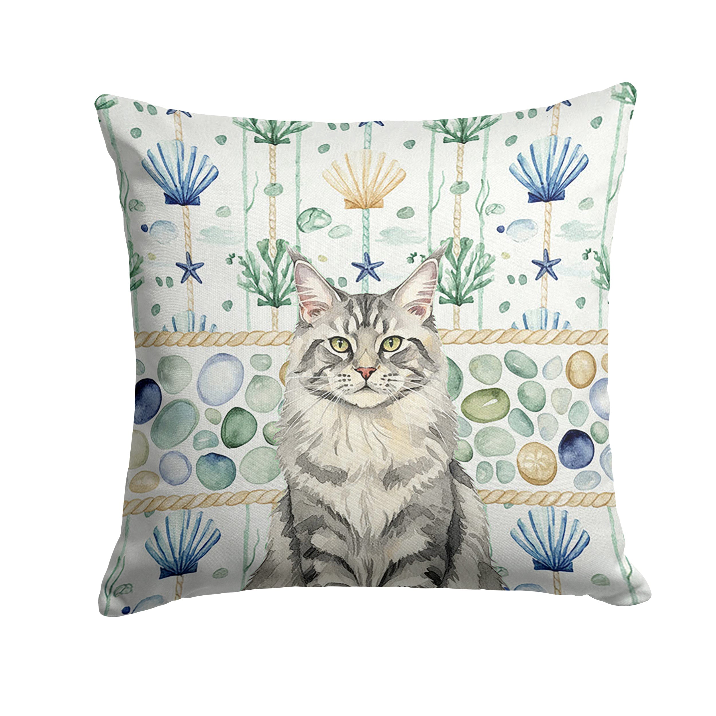 MaineCoon Silver Tabby Cat Coastal Sea Glass Decorative Throw Pillow 18x18 Indoor Outdoor Accent Cushion, Fabric Cover with Insert for Sofa, Bed, Porch & Living Room