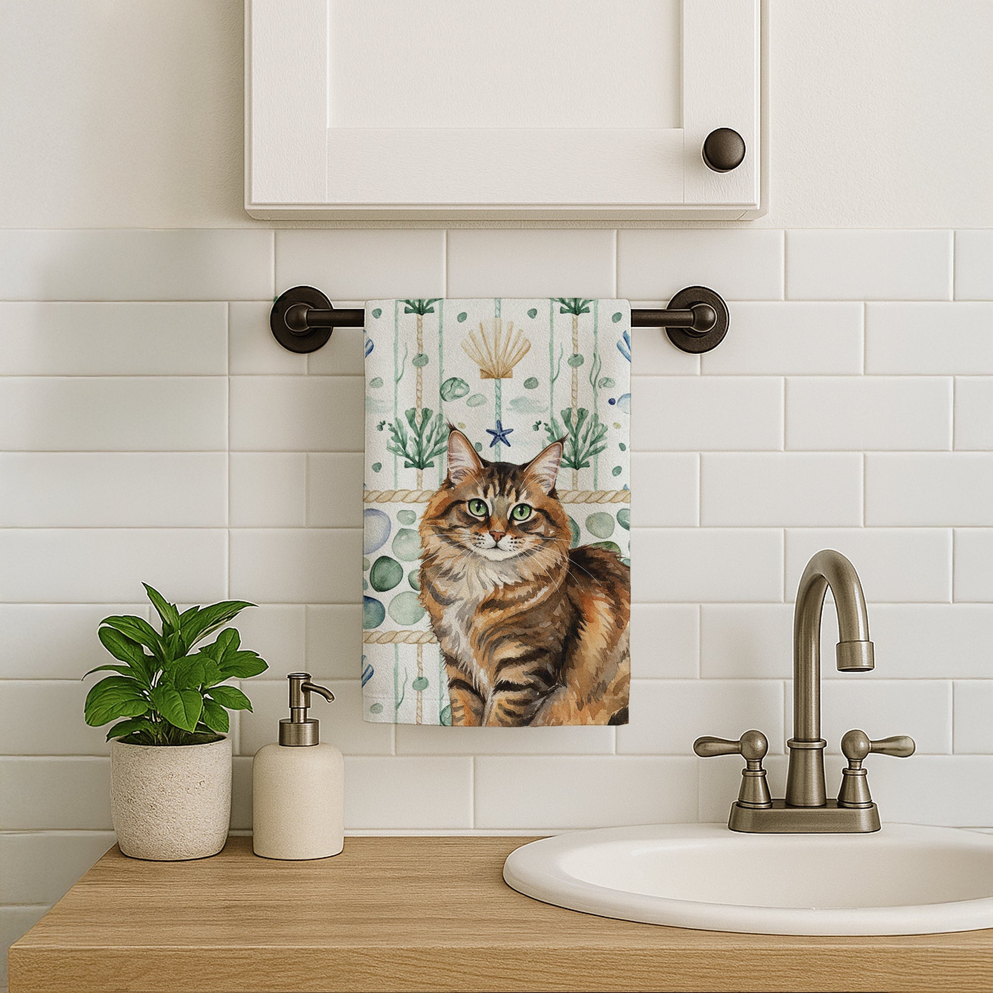 Norwegian Forest Cat Brown Tabby Cat Coastal Sea Glass Kitchen Towel Velour Plush Front and Cotton Loop Back Machine Washable