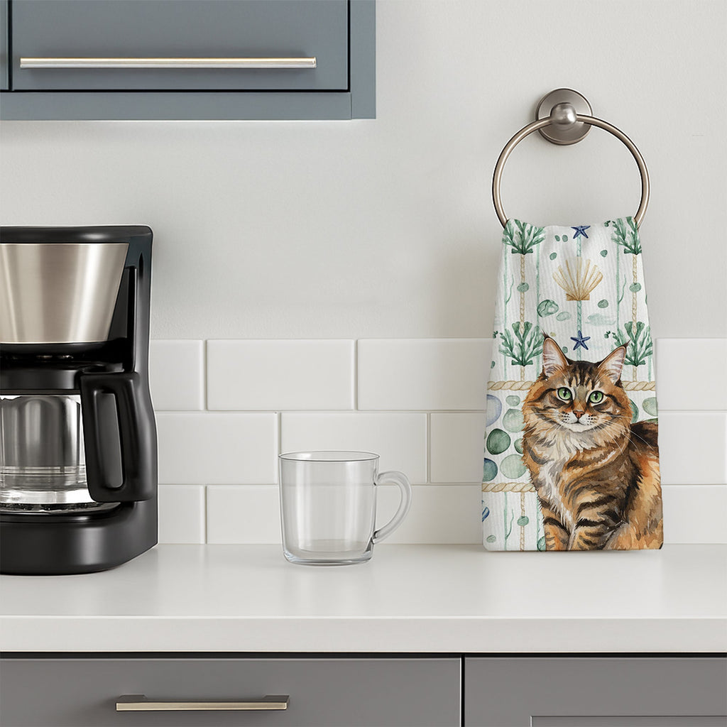 Norwegian Forest Cat Brown Tabby Cat Coastal Sea Glass Kitchen Towel Velour Plush Front and Cotton Loop Back Machine Washable