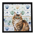 Norwegian Forest Cat Brown Tabby Cat Coastal Sea Glass Framed Metal Print Bathroom, Kitchen, Office, Home Decor Wall Art Ready to Hang, Square, 8X8